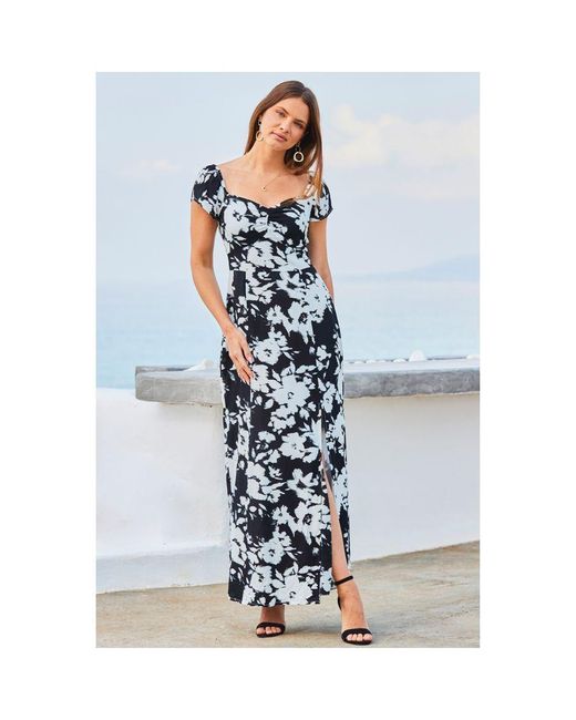 Sosandar Blue Floral Print Split Detail Maxi Dress