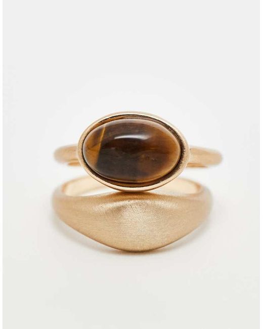 ASOS Natural Pack Of 2 Stone Set Rings With Real Tigers Eye