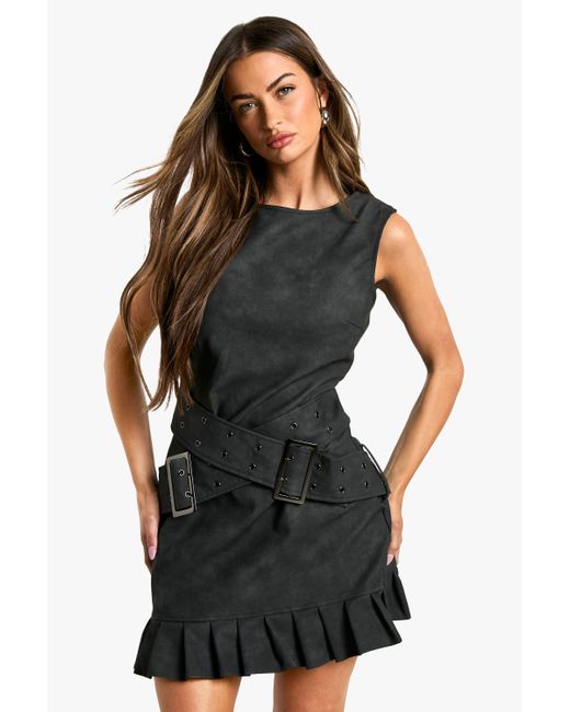 Boohoo Black Faux Leather Double Belt Mini Dress