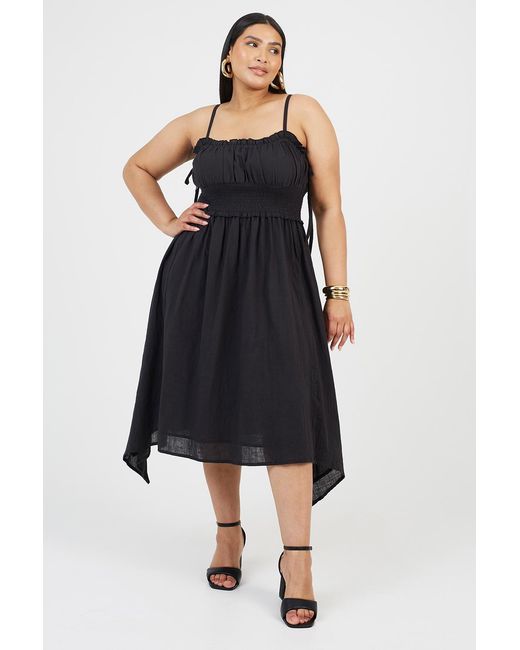 Brave Soul Black Curve Strappy Shirred Hankerchief Hem Midi Dress