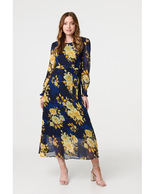 Izabel London Blue Floral Long Sleeve Chiffon Midi Dress