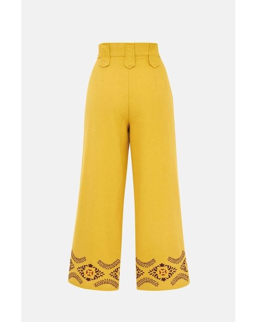 Hiccup Yellow Linen Blend Guna Trousers With Embroidery Detail