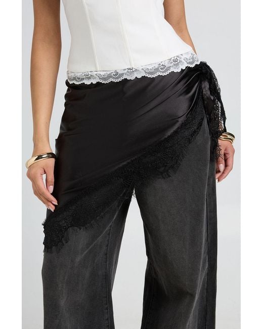 Boohoo Black Satin Lace Trim Scarf