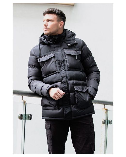 Brave Soul Blue 'Windsurf' Mixed Fabric Hooded Puffer Parka Jacket for men