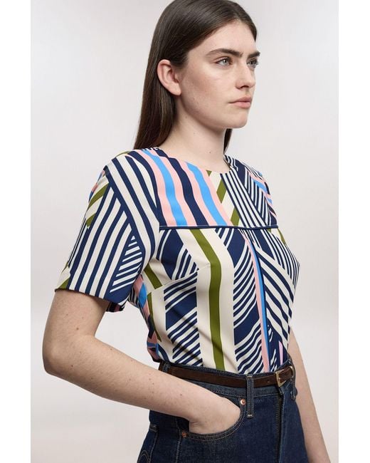 Karen Millen Blue Geo Print Twill Cap Sleeve Woven Top