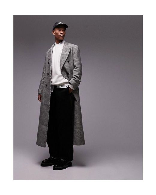 TOPMAN Double Breasted Herringbone Overcoat in Grey for Men Lyst UK