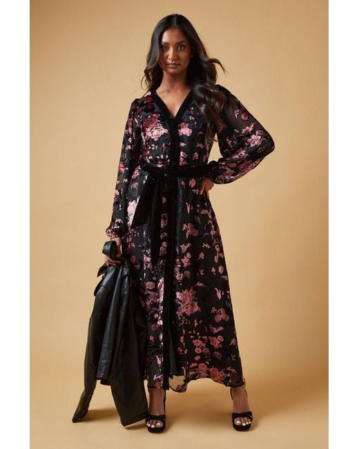 Oasis Black Floral Contrast Devore Belt Tie Midi Dress