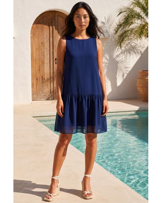 Roman Blue Petite Print Drop Waist Tier Hem Dress
