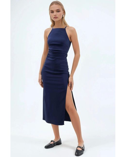 Hiccup Blue Halter Neck Midi Dress With Slit