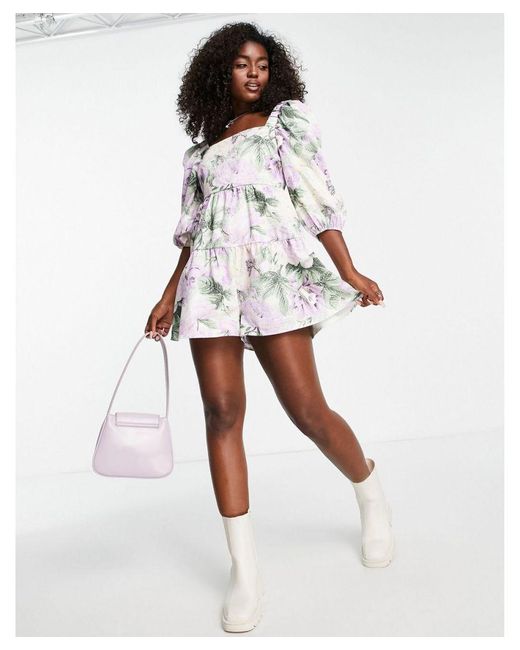 ASOS Multicolor Twill Puff Sleeve Tiered Smock Playsuit With Square Neck