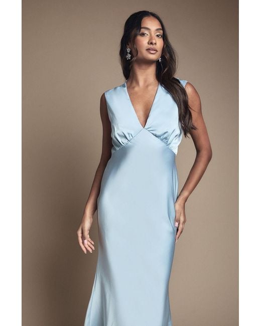 Oasis Blue Satin Open Back Detail Maxi Bridesmaid Dress