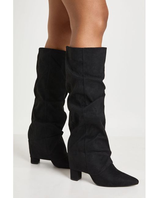 Boohoo Black Faux Suede Slouchy Knee High Fold Over Boots