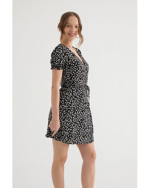 Hiccup Black Floral Surplice Neck Puff Sleeves Mini Dress With A Drawstring