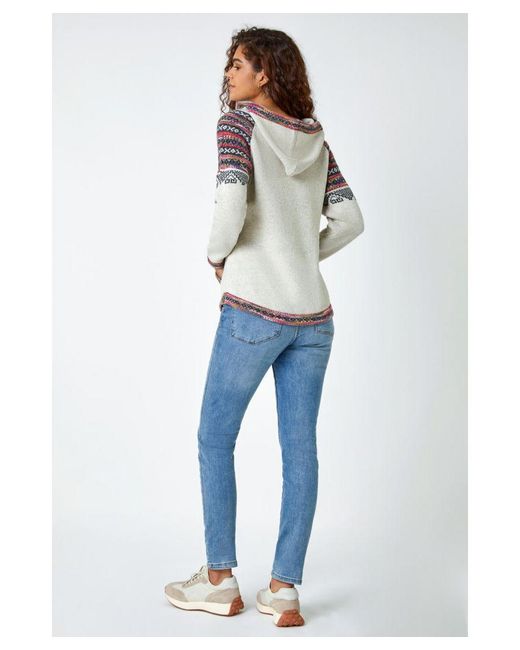 Roman Blue Nordic Print Knitted Hooded V-Neck Jumper