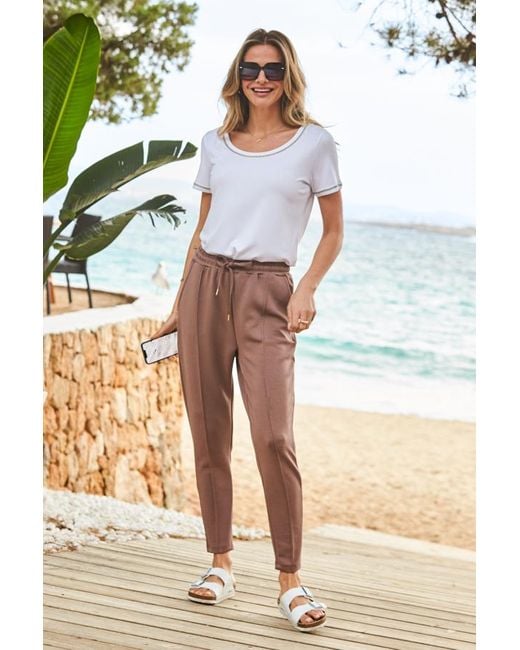 Sosandar White Jasmine Taupe Seam Detail Slim Fit Joggers