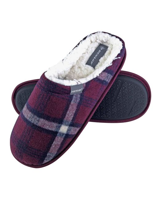 Dunlop Purple Warm Plush Fleece Lined Slip On Mule Checked Plaid House Slippers for men