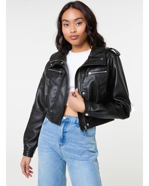 Pink Vanilla Blue Pocket Detail Pu Cropped Bomber Jacket
