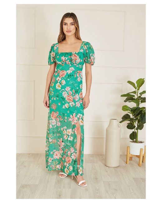 Yumi' Green Recycled Floral Print Square Neck Maxi Dress With Split Hemline