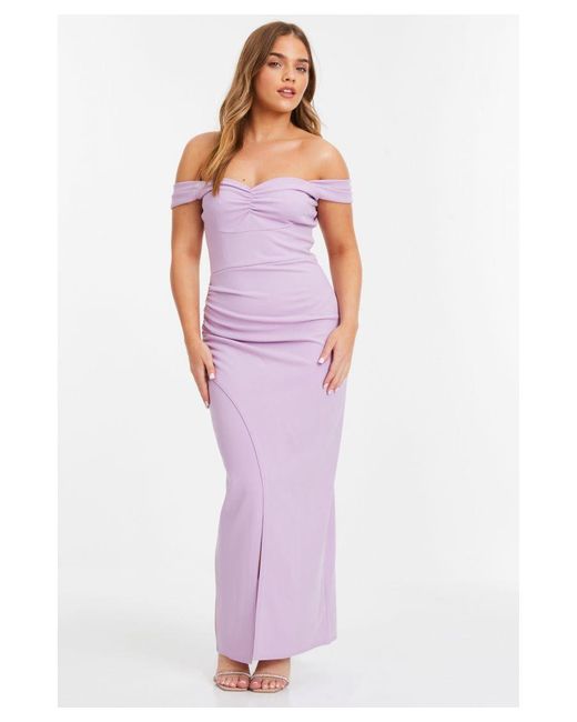 Quiz Purple Petite Lilac Ruched Bardot Maxi Dress