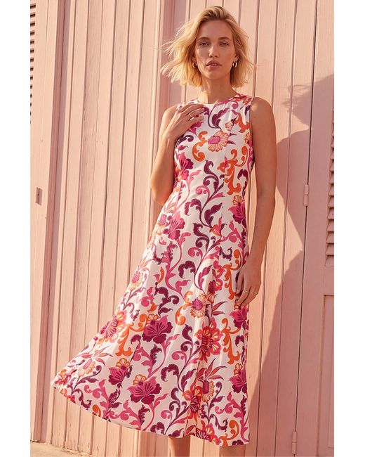 Roman Red Floral Pleated A-Line Midi Dress
