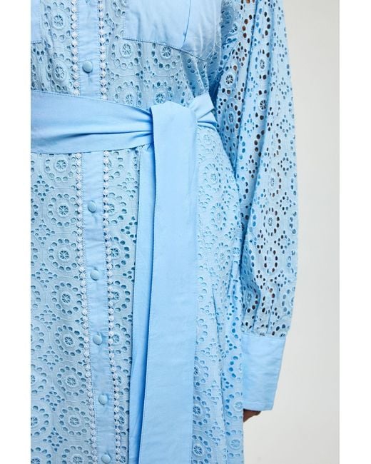 Karen Millen Blue Plus Size Cotton Broderie Belted Shirt Dress
