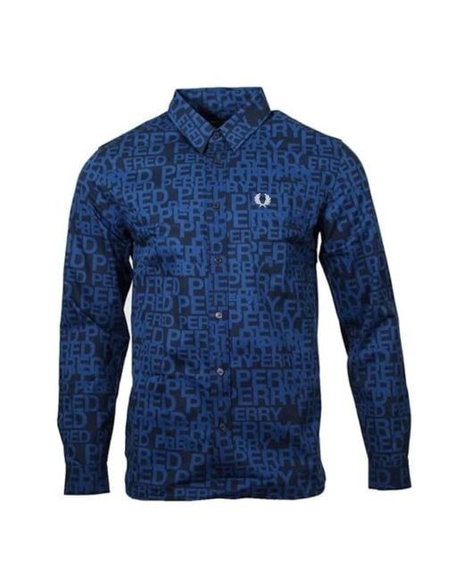 Fred Perry Blue All-Over Logo Shaded Cobalt Long Sleeve Shirt for men