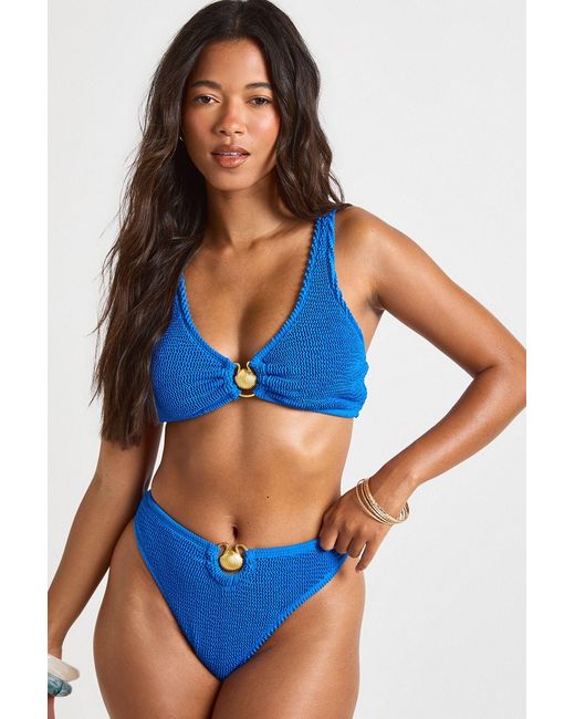 Boohoo Blue Shell Trim Crinkle Plunge Bikini Top