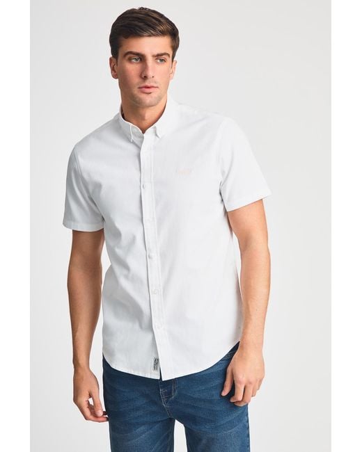 Tokyo Laundry White Cotton Short Sleeved Button-Up Oxford Shirt for men