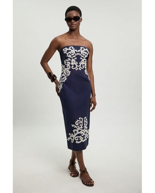 Karen Millen Blue Cotton Linen Embroidered Bandeau Midi Dress