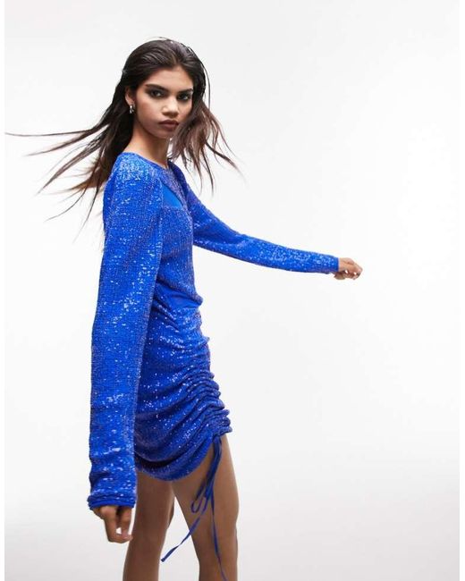 TOPSHOP Blue Embellished Mini Dress With Mesh Panels