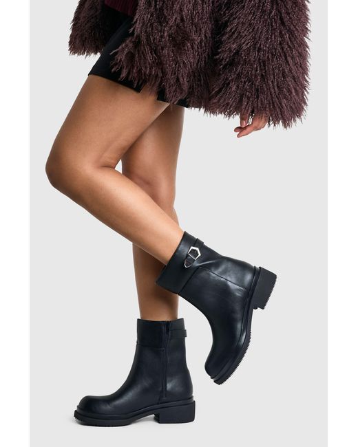 Boohoo Black Wide Fit Buckle Detail Chunky Ankle Boots