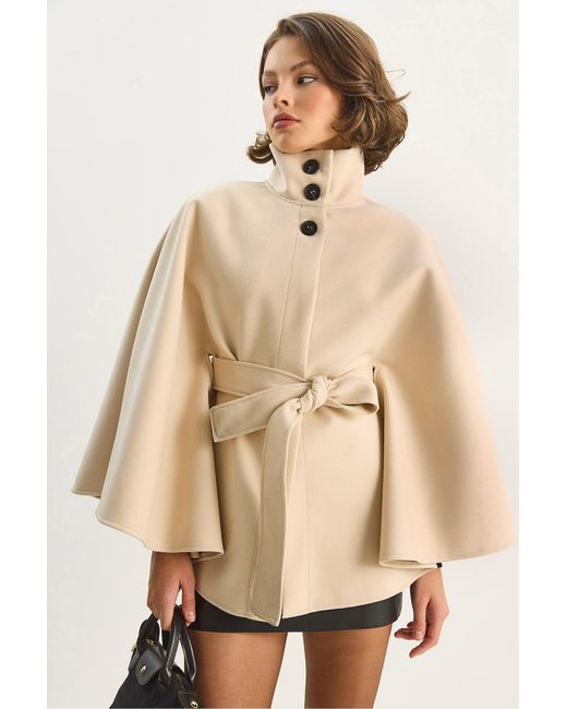 Bianco Lucci Natural Poncho Coat With Tie Closure
