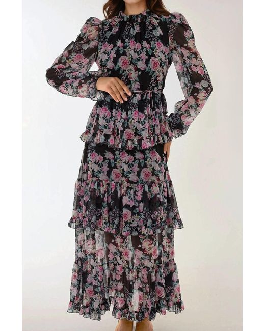 Hiccup Multicolor Crew Neck Floral Maxi Dress With Ruffles