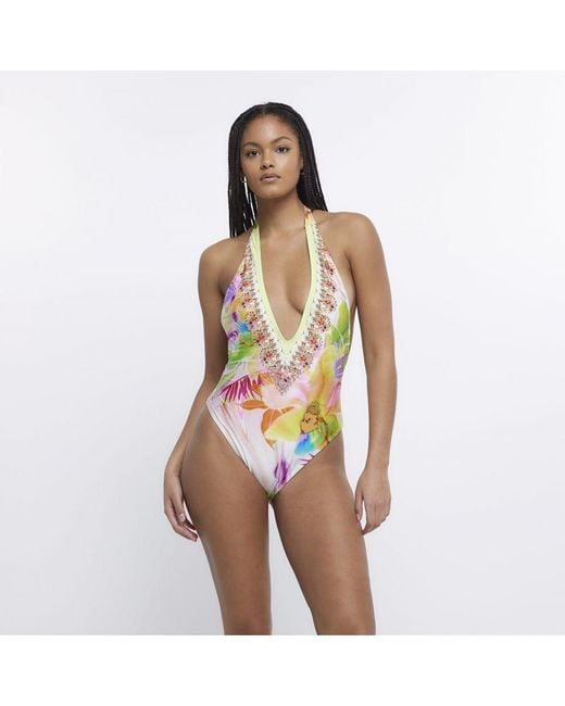 River Island Multicolor Swimsuit Yellow Embellished Plunge