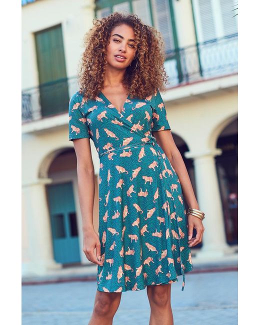 Sosandar Blue Jaguar Print Faux Wrap Dress