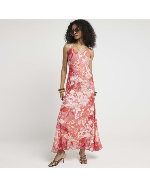 River Island Pink Slip Maxi Dress Floral V-Neck Viscose
