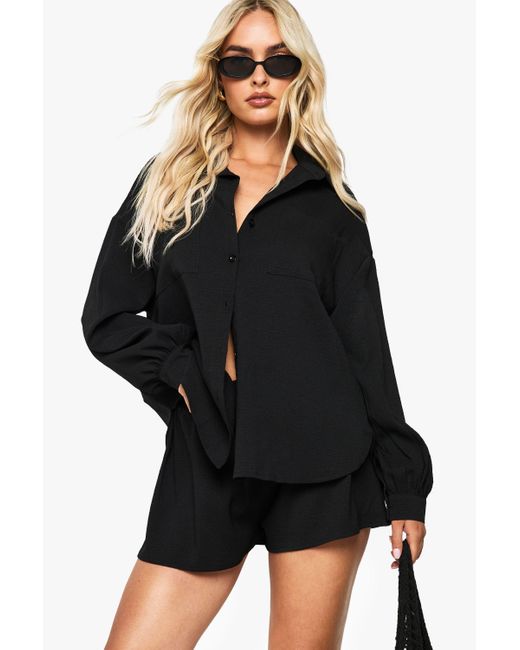 Boohoo Black Crinkle Textured Relaxed Fit Shirt &Shorts