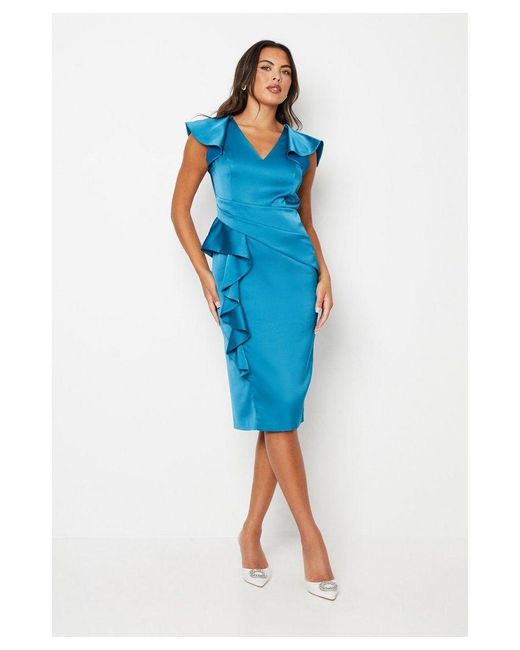 Coast Blue Volume Sleeve Asymmetric Crepe Pencil Dress