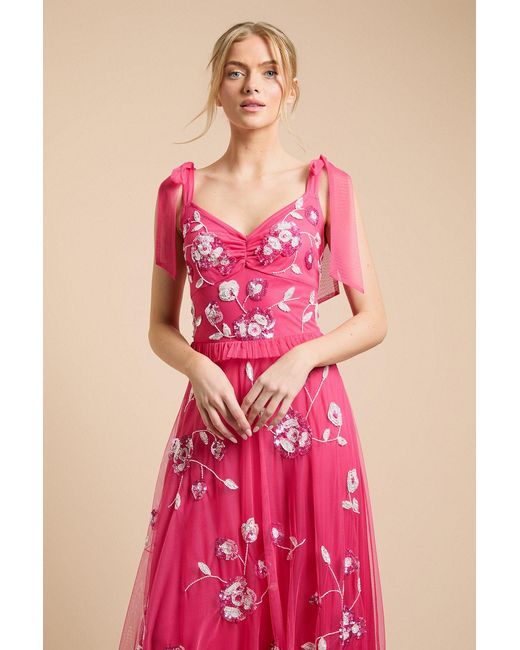 Oasis Pink Tie Shoulder Floral Embellished Midaxi Dress