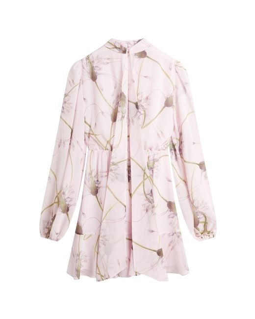 Ted Baker Pink Arakas Printed Long Sleeve Neck Tie Light Dress