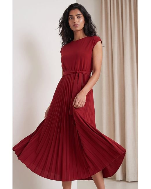 Roman Red Pleated Tie Waist Dress