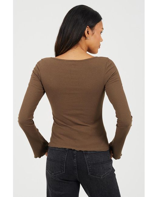 Brave Soul Brown Ribbed Scoop Neck Top With Lettuce Hem