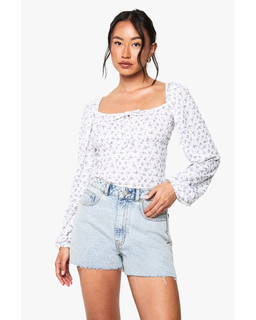 Boohoo White Ditsy Milkmaid Long Puff Sleeve Top