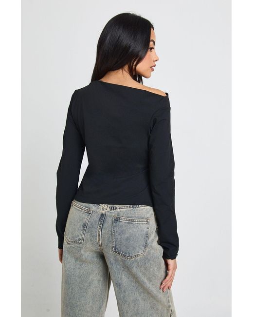Boohoo Black Asymmetric Neck Drape Detail Long Sleeve Top