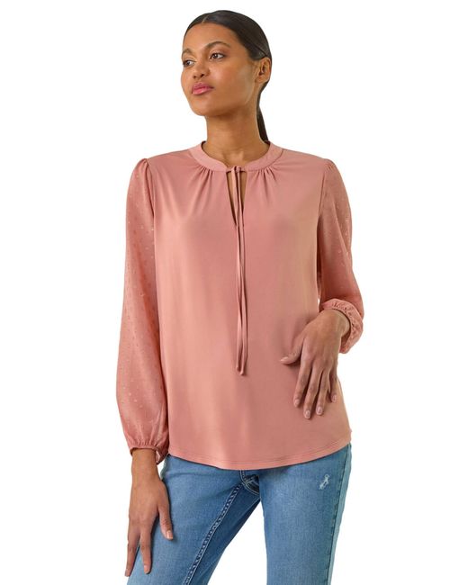 Roman Red Tie Neck Shimmer Dobby Sleeve Top