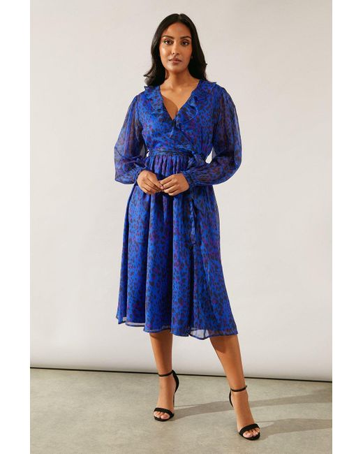 Wallis Blue Petite Leopard Ruffle Wrap Midi Dress