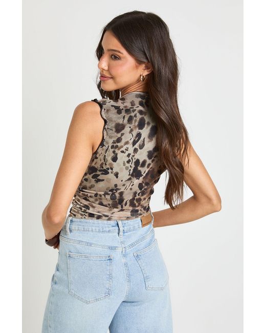 Boohoo Blue Animal Printed Mesh Ruched Neckline Bodysuit
