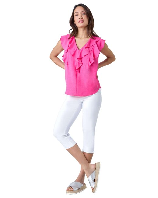 Roman Pink Sleeveless V-Neck Ruffle Detail Vest
