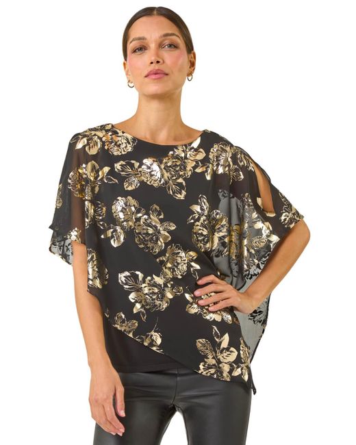 Roman Black Floral Foil Asymmetric Overlay Top