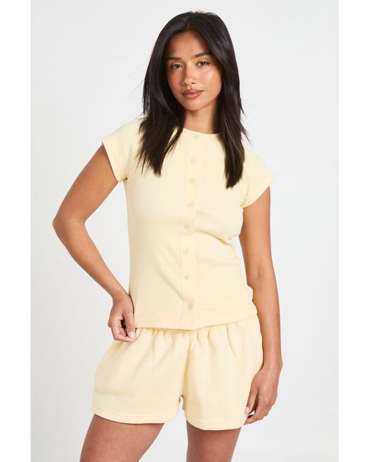 Boohoo Natural Petite Ribbed Button Through Cap Sleeve Top And Short Tracksuit